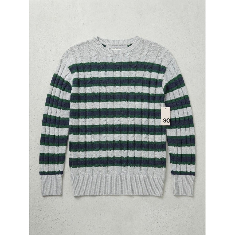 SO Goods for Life Women Striped Cable Knit Crewneck Sweater Grey Blue Green M